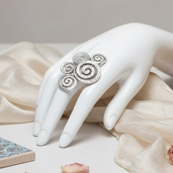 Handmade Turkish Zamak Spiral Statement Ring Boho Chic Adjustable Silver Tone - Picture 15 of 16